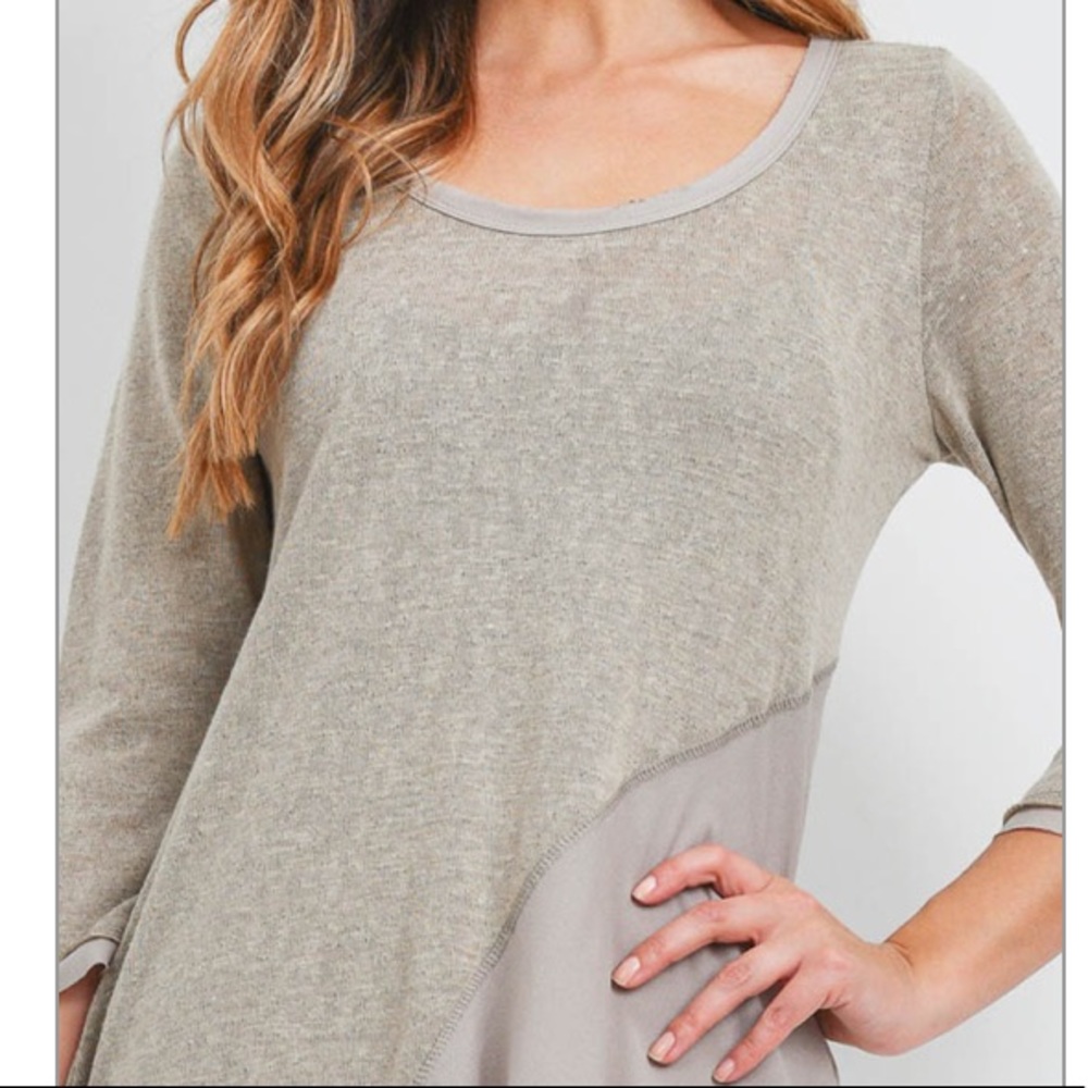 Taupe 3/4 sleeve round neck asymmetric hem two-tone shift dress. CUTE! - Picture 5 of 10